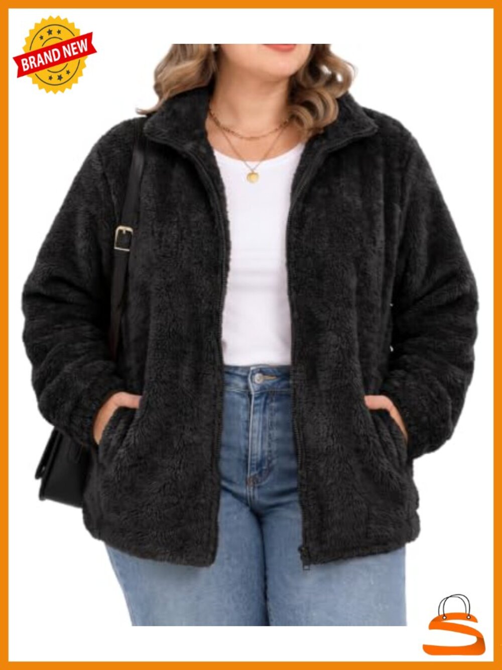 Plus Size Fuzzy Fleece Jacket Full Zip Sherpa Coat Hooded Pockets